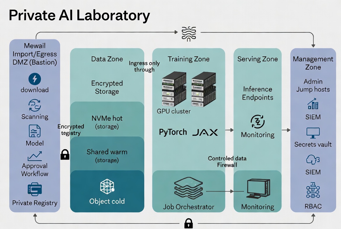 Reference architecture diagram showing zoned off-the-grid AI lab with DMZ bastion, data ingestion, encrypted storage, GPU training cluster, private model registry, and management controls