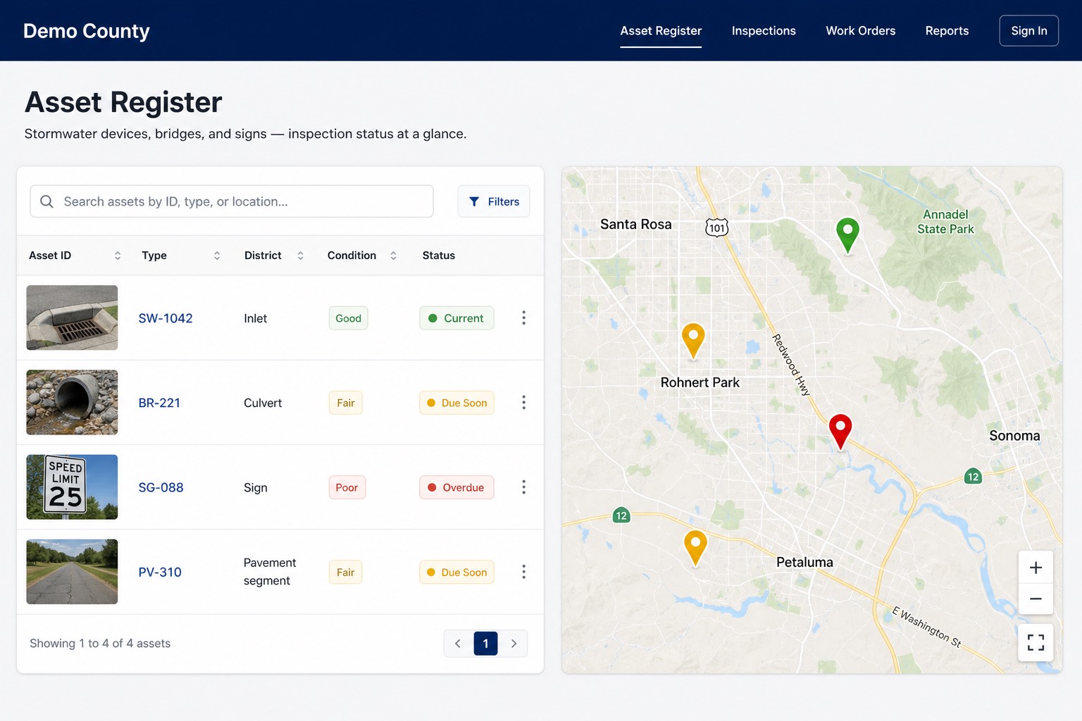 Asset register with inspection map — Demo County