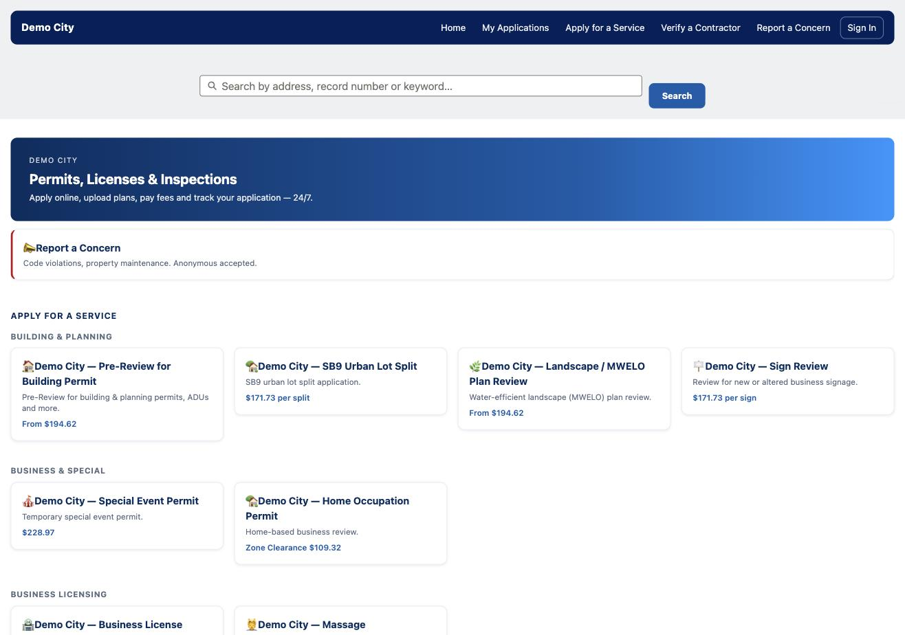 Resident portal home — Demo City permits and licenses