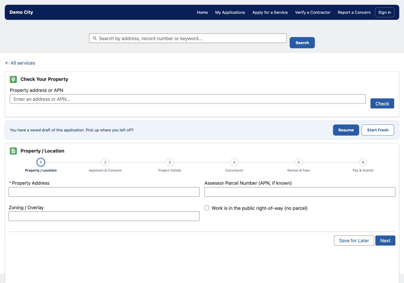Guided application wizard — six-step stepper