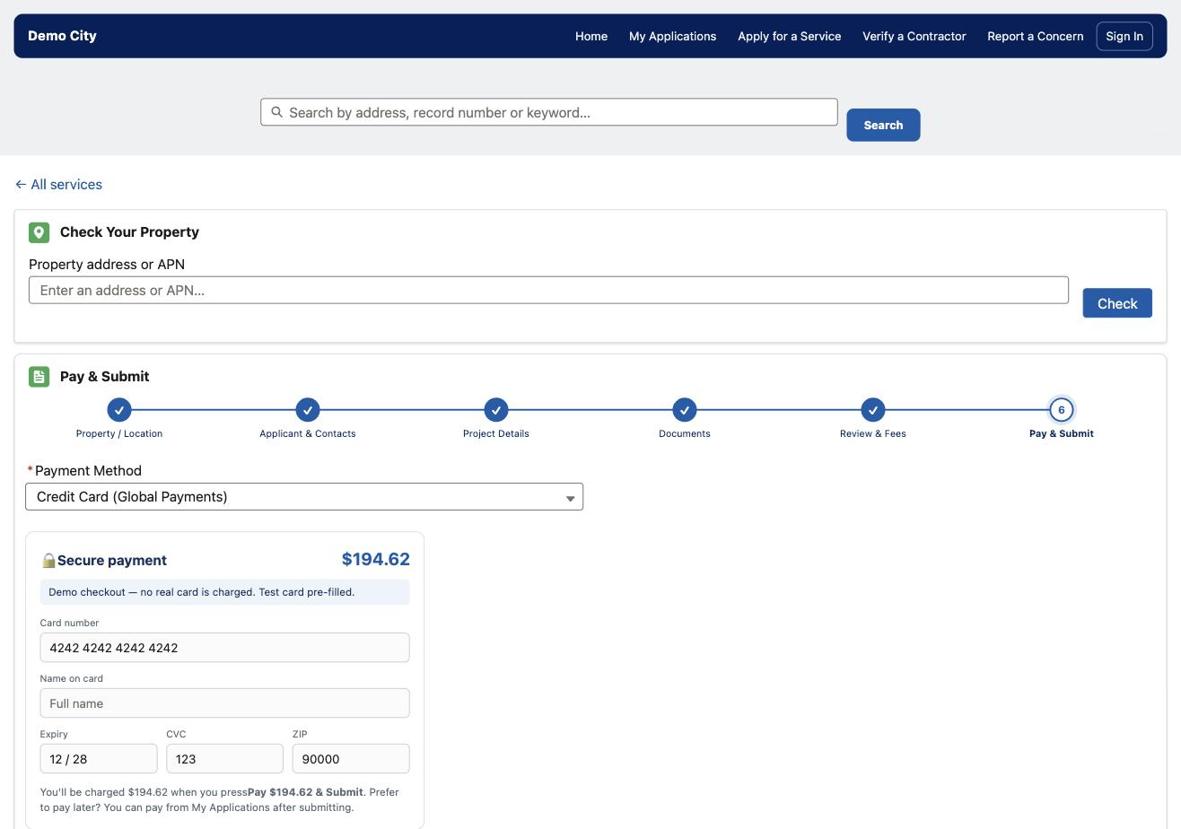 Pay & Submit screen with secure payment form