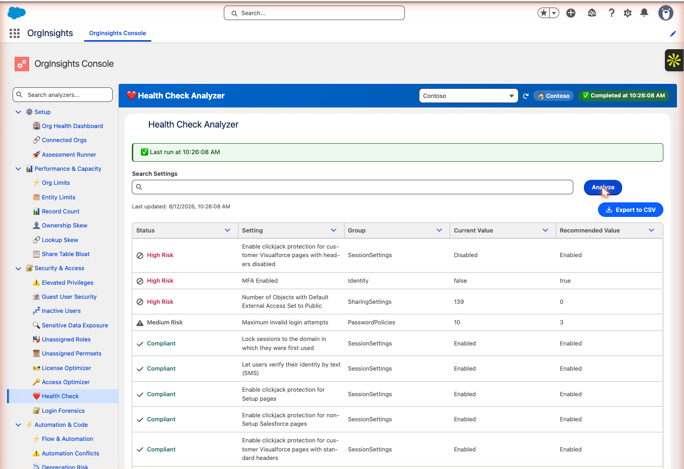 Health Check Analyzer showing security settings